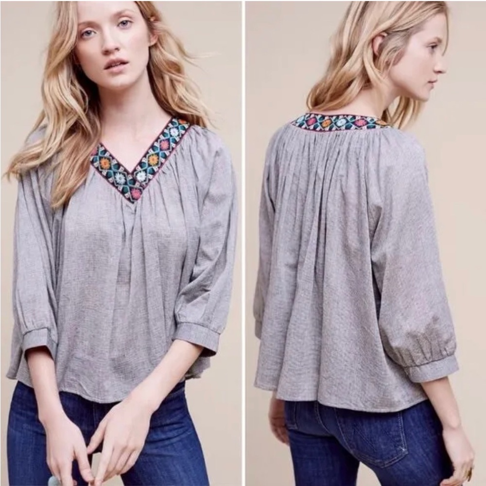 Eri + Ali Anthropologie Kaleidoscope Gray Striped Embroidered Swing Top SZ XS
